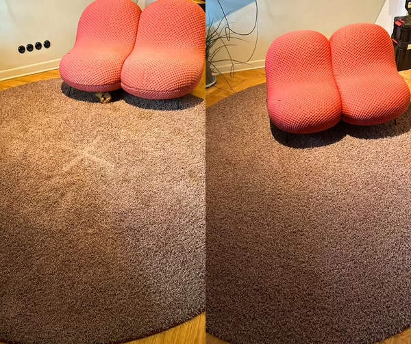 Atpūtas krēslu un paklāja tīrīšanas rezultāts pirms un pēc.